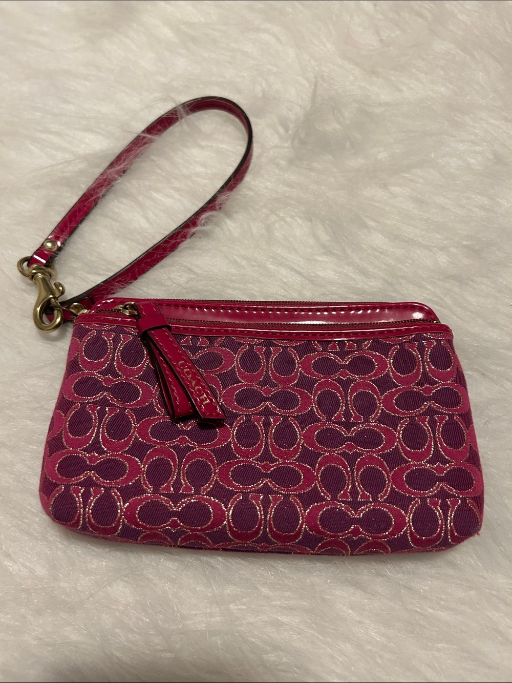 Coach Pink Signature Wristlet with Leather Trim